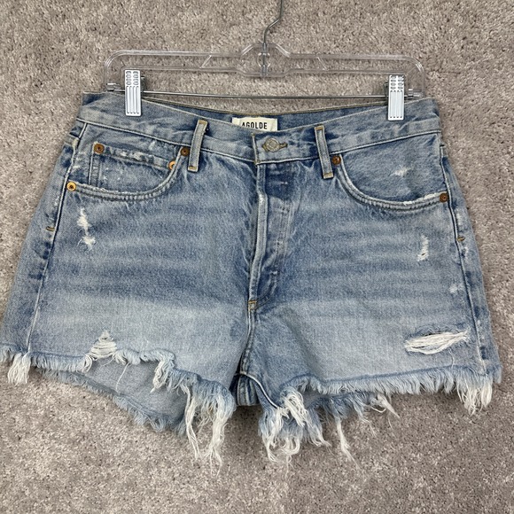 Agolde Jeans Shorts Womens 29 Parker Cut Off Distressed Denim Blue Button Fly - Picture 1 of 8